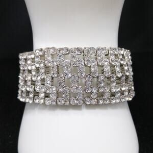 Vintage Clear Rhinestone Stretch Bracelet, Silver Tone, Formal Wedding, 7 Inches